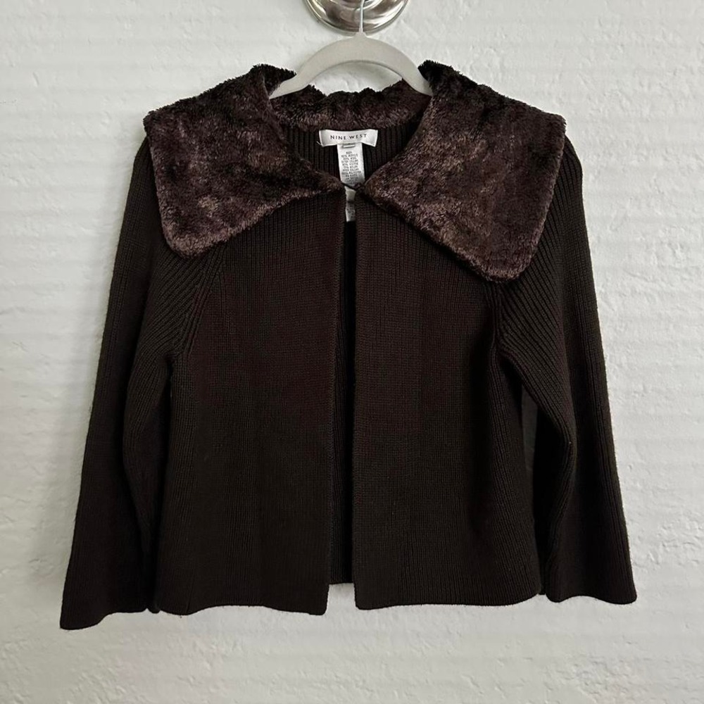 Vintage‎ Y2K Nine West Brown Wool Knit Faux Fur Collar Long Sleeve Cardigan